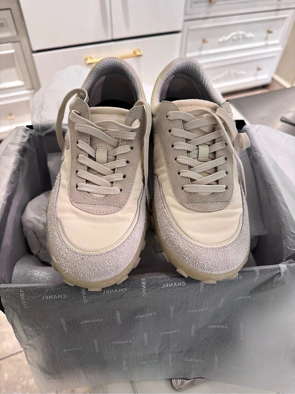 Chanel CC Logo Suede & Nylon Sneakers Cream 2026